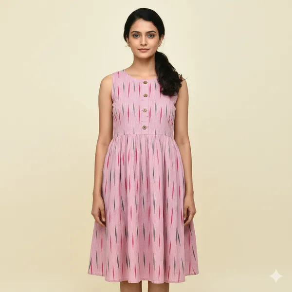 Women_Cotton_Ikkat_Print_Frock_Style_Kurti_|_Sleeveless_Flared_Ethnic_Kurti_for_Daily_&_Casual_Wear