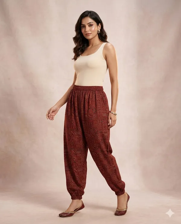 Summer_Special_Pure_Cotton_Original_Ajrakh_Hand_Block_Printed_Harem_Pant_for_women_KH_Ajrakh_Harem_Maroon_05_|_free_size_|Suitable_upto_Xl_|_full_Stitched_|_Original_Ajrakh_Hand_block_printed|