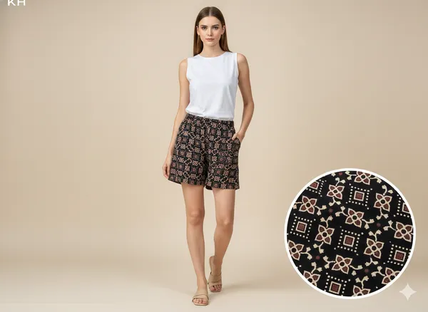 Summer_Special_Pure_Cotton_Ajarakh_Hand_BloSummer_Special_Pure_Cotton_Original_Ajarakh_Hand_Block_Printed_Shorts_for_women__KH_Ajarakh_Black_Shorts_05|_free_size|Suitable_upto_Xl|_full_Stitched|original_Ajarakh_Hand_block_printed_material|ck_Printed_Shorts_for_women_Black_05