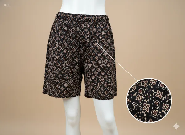 Summer_Special_Pure_Cotton_Ajarakh_Hand_BloSummer_Special_Pure_Cotton_Original_Ajarakh_Hand_Block_Printed_Shorts_for_women__KH_Ajarakh_Black_Shorts_05|_free_size|Suitable_upto_Xl|_full_Stitched|original_Ajarakh_Hand_block_printed_material|ck_Printed_Shorts_for_women_Black_05