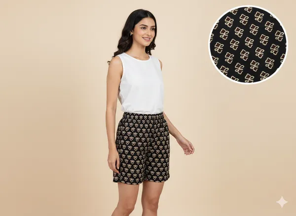 Summer_Special_Pure_Cotton_Original_Ajarakh_Hand_Block_Printed_Shorts_for_women__KH_Ajarakh_Black_Shorts_02|_free_size|Suitable_upto_Xl|_full_Stitched|original_Ajarakh_Hand_block_printed_material|