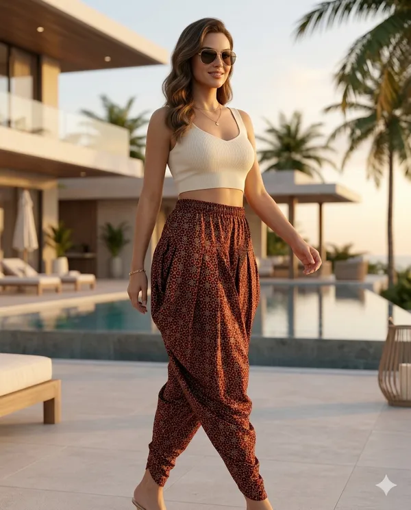 Summer_Special_Pure_Cotton__Original_Ajarakh__Hand_block_Printed___Dhoti_Pant_for_Women___Marron_05_/free_size_/_Suitable_upto_xl_/_full_Stitched/_original_Ajarakh_Hand_Block_printed|
