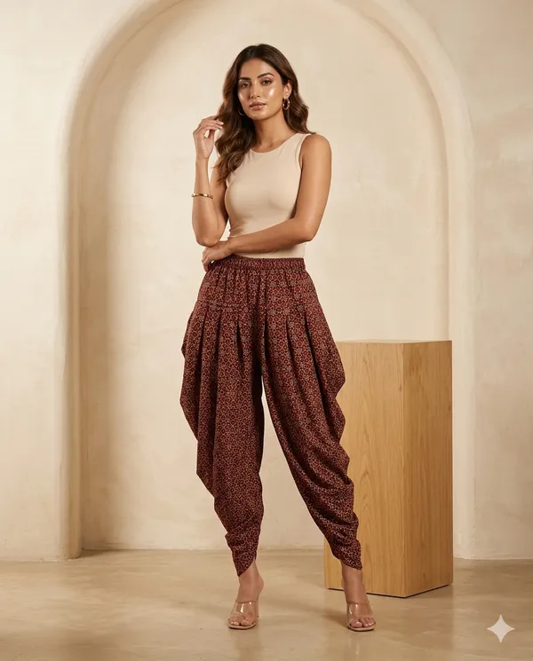 Summer_Special_Pure_Cotton__Original_Ajarakh__Hand_block_Printed___Dhoti_Pant_for_Women___Marron_05_/free_size_/_Suitable_upto_xl_/_full_Stitched/_original_Ajarakh_Hand_Block_printed|