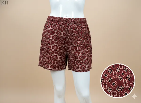 Summer_Special_Pure_Cotton_Original_Ajarakh_Hand_Block_Printed_Shorts_for_women__KH_Ajarakh_Marron_Shorts_01|_free_size|Suitable_upto_Xl|_full_Stitched|original_Ajarakh_Hand_block_printed_material|