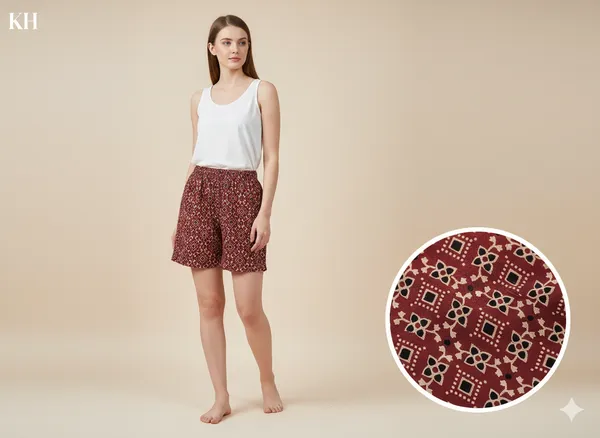 Summer_Special_Pure_Cotton_Original_Ajarakh_Hand_Block_Printed_Shorts_for_women__KH_Ajarakh_Marron_Shorts_01|_free_size|Suitable_upto_Xl|_full_Stitched|original_Ajarakh_Hand_block_printed_material|