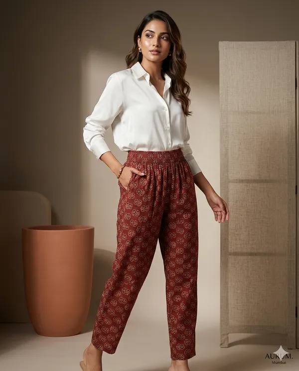 Summer_Special_Pure_Cotton_Original_Ajarakh_Hand_Block_Printed_Straight_Pant_for_women__KH_Ajarakh_Maroon_Pant_11|_free_Size|Suitable_upto_Xl|_full_Stitched|Original_Ajarakh_Hand_block_Printed_Material|