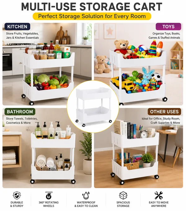 2_Multipurpose_Storage_Trolley_with_Wheels_Black