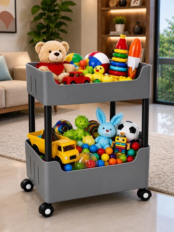 2_Multipurpose_Storage_Trolley_with_Wheels_Black