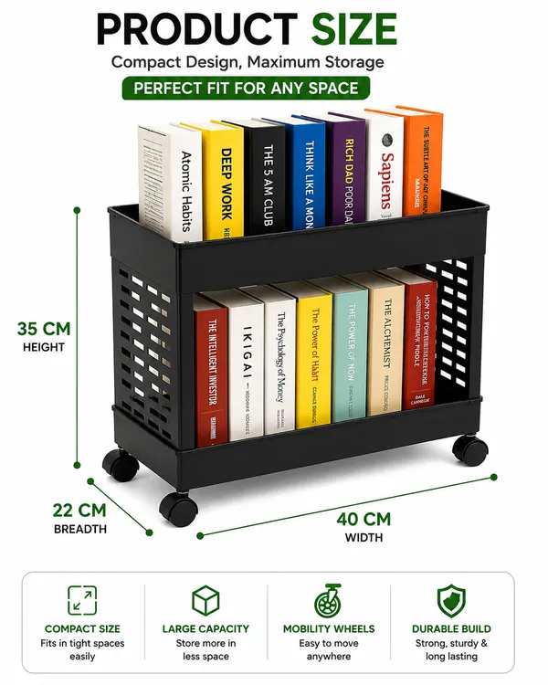 2_Tier_Multipurpose_Rolling_Book_Organizer_Storage_Rack_with_Wheels_-_Black