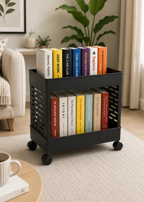 2_Tier_Multipurpose_Rolling_Book_Organizer_Storage_Rack_with_Wheels_-_Black