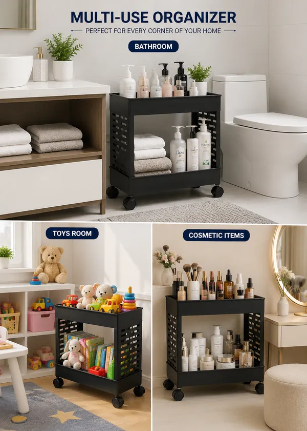 2_Tier_Multipurpose_Rolling_Book_Organizer_Storage_Rack_with_Wheels_-_Black