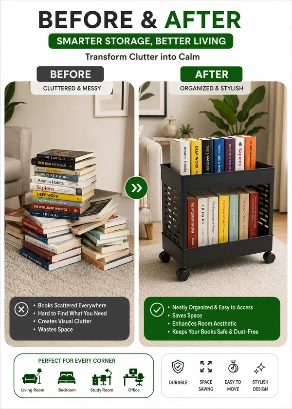2_Tier_Multipurpose_Rolling_Book_Organizer_Storage_Rack_with_Wheels_-_Black