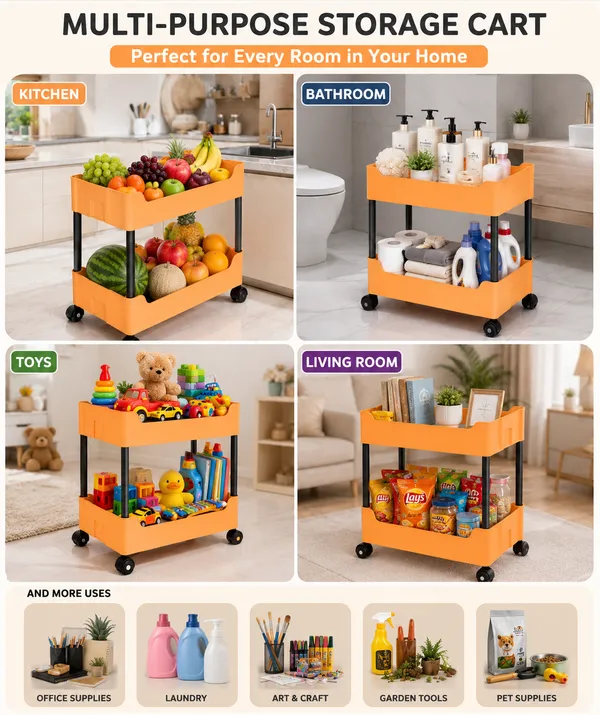 2_Tier_Multipurpose_Storage_Trolley_with_Wheels_Black