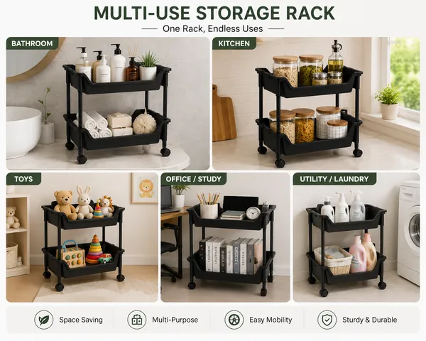 2_Tier_Multipurpose_Storage_Trolley_with_Wheels_Black_Heavy_Duty_Rack_for_Office