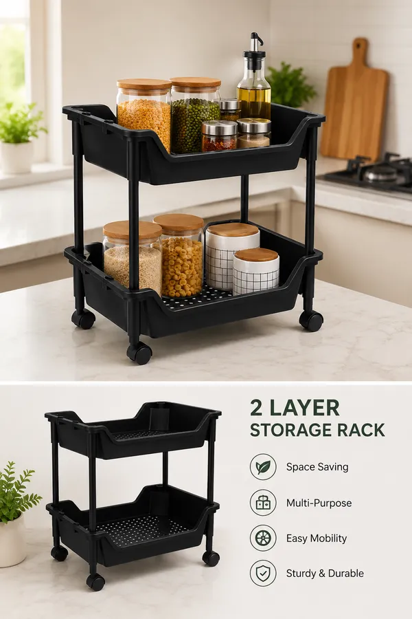 2_Tier_Multipurpose_Storage_Trolley_with_Wheels_Black_Heavy_Duty_Rack_for_Office