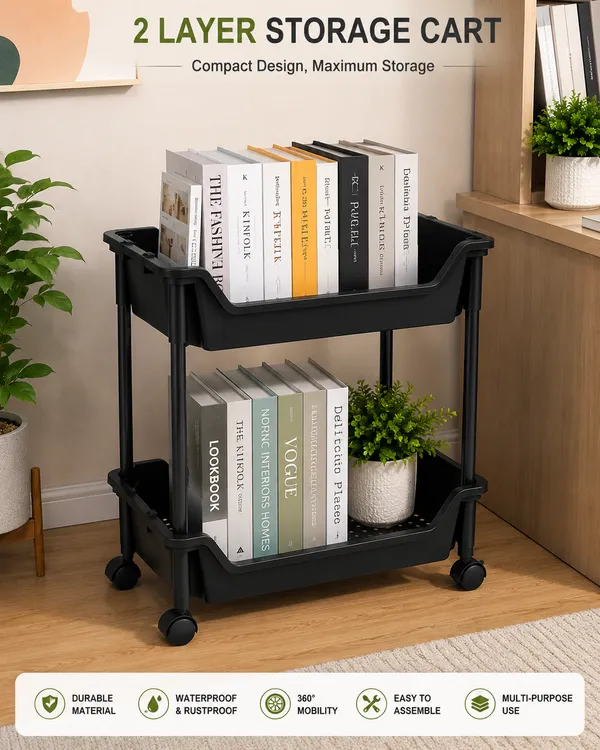 2_Tier_Multipurpose_Storage_Trolley_with_Wheels_Black_Heavy_Duty_Rack_for_Office