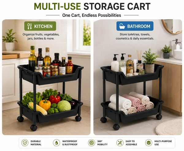 2_Tier_Multipurpose_Storage_Trolley_with_Wheels_Black_Heavy_Duty_Rack_for_Office