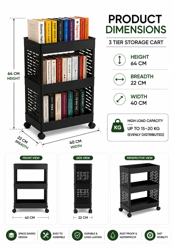 3_Tier_Multipurpose_Rolling_Book_Organizer_Storage_Rack_with_Wheels_-_Black