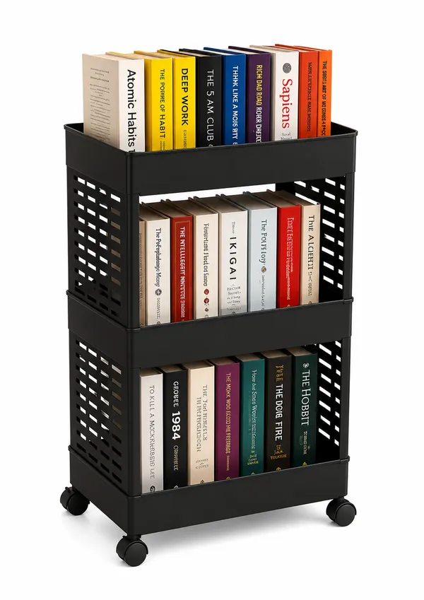 3_Tier_Multipurpose_Rolling_Book_Organizer_Storage_Rack_with_Wheels_-_Black