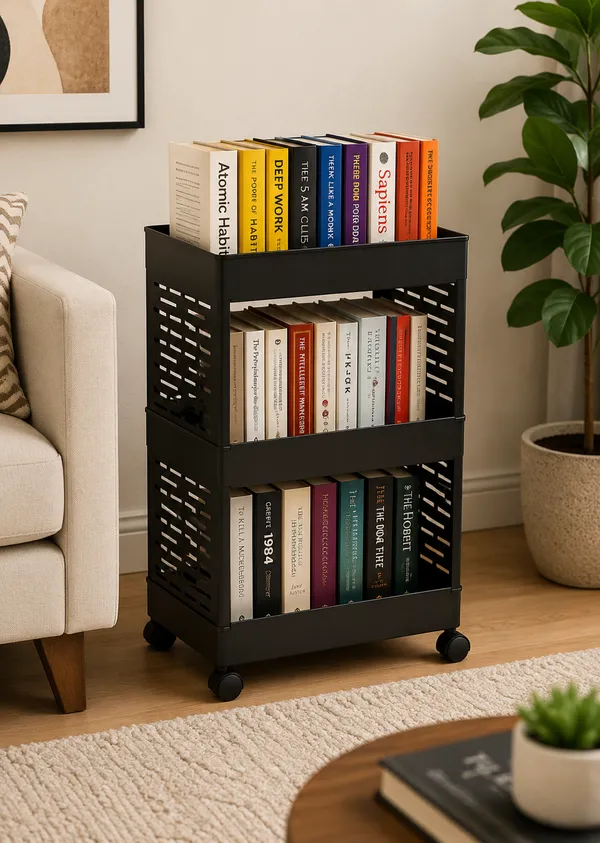 3_Tier_Multipurpose_Rolling_Book_Organizer_Storage_Rack_with_Wheels_-_Black