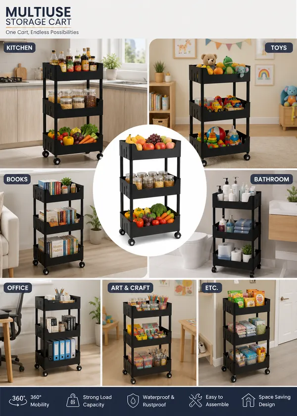 3_Tier_Multipurpose_Storage_Trolley_with_Wheels_Black_Heavy_Duty_Rack_for_Office