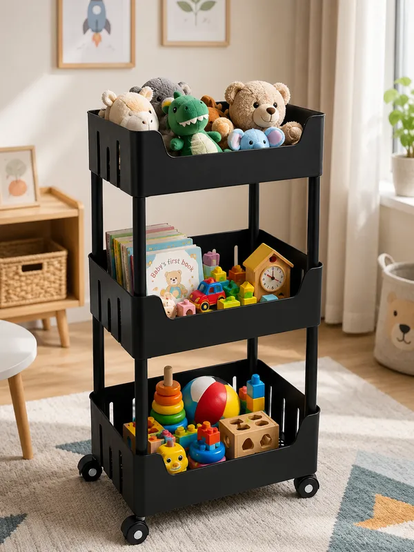 3_Tier_Multipurpose_Storage_Trolley_with_Wheels_Black_Heavy_Duty_Rack_for_Office