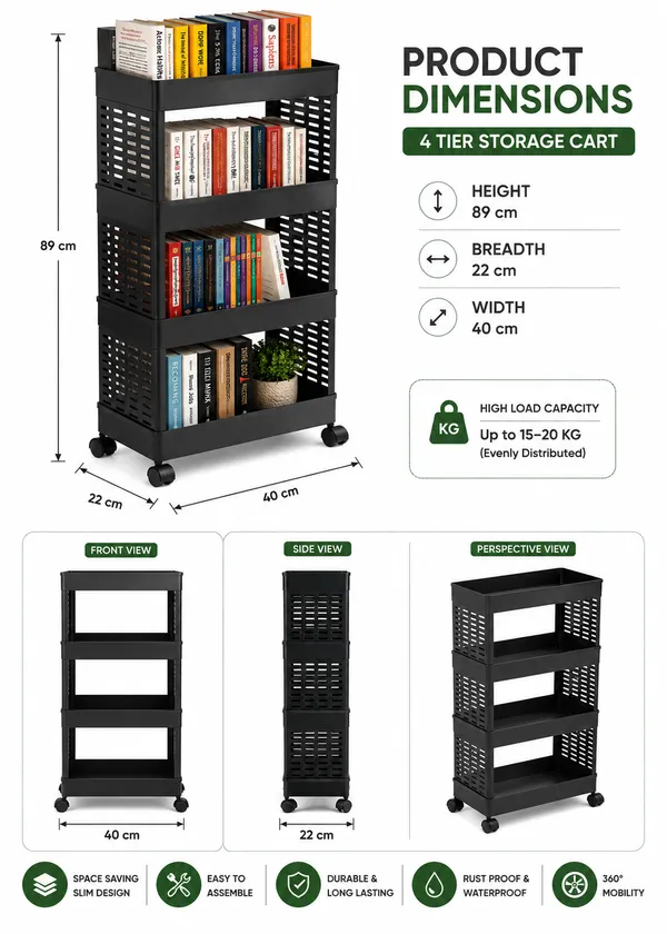 4_Tier_Multipurpose_Storage_Trolley_with_Wheels_Black