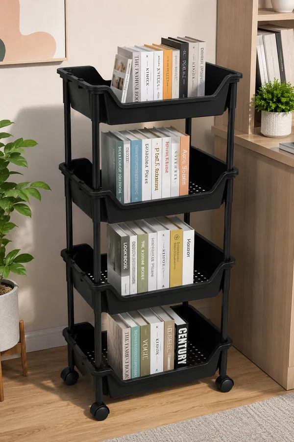 4_Tier_Multipurpose_Storage_Trolley_with_Wheels_Black_Heavy_Duty_Rack_for_Office