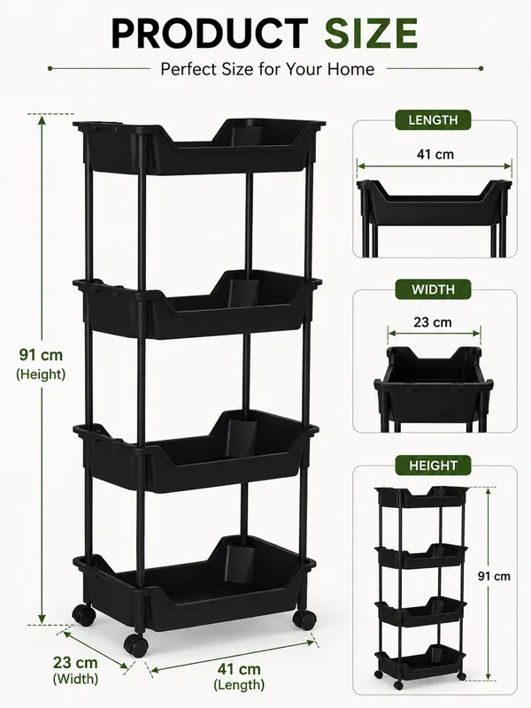 4_Tier_Multipurpose_Storage_Trolley_with_Wheels_Black_Heavy_Duty_Rack_for_Office
