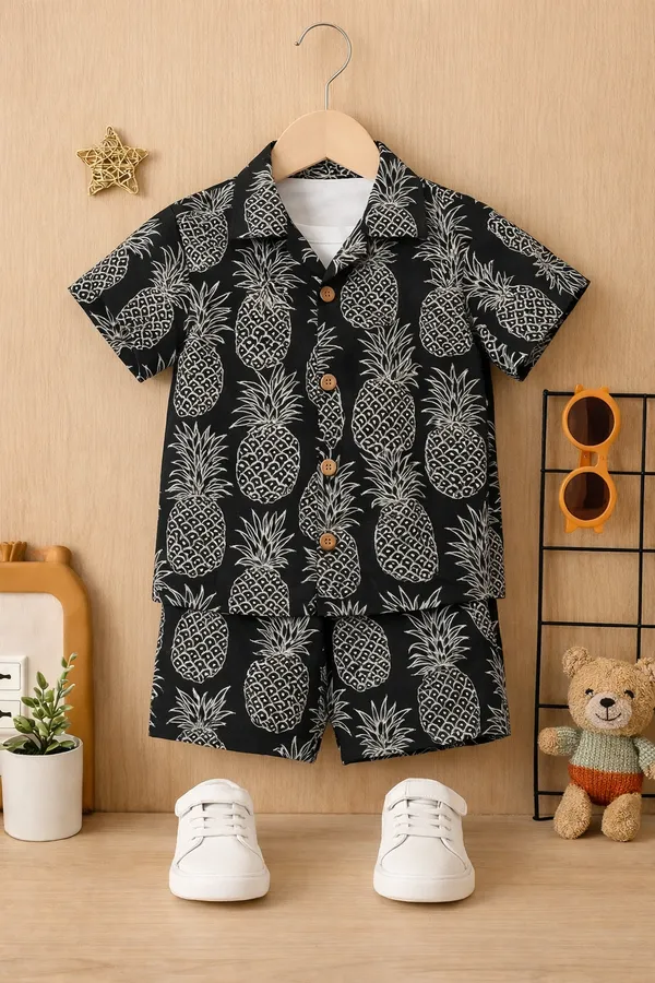 Black_Trendy_Cartoon_Print_Co-Ord_Set_–_Shirt_And_Shorts_For_Kids