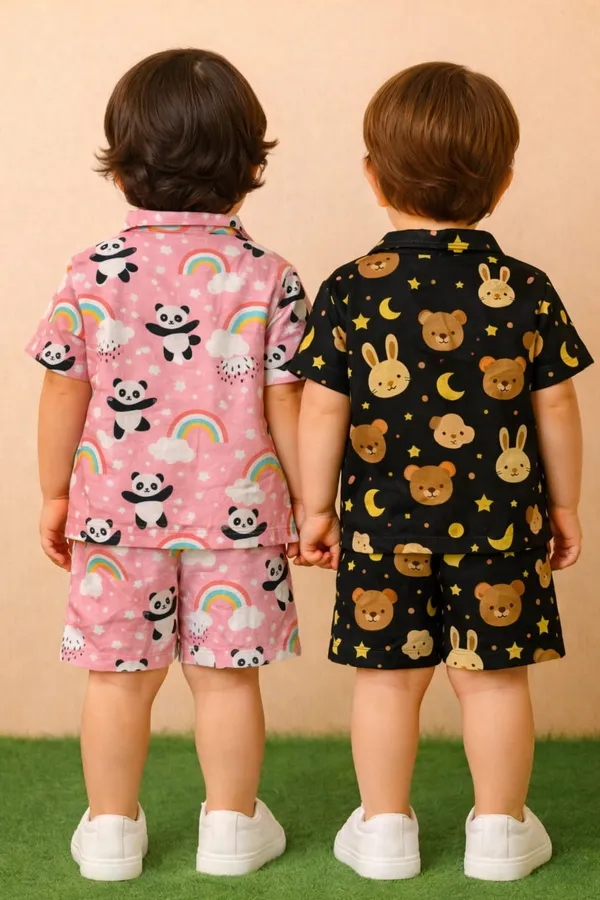 Pack_of_2_Black_And_Pink_Cotton_Shirt_And_Shorts_Co-ord_Set_For_Kids
