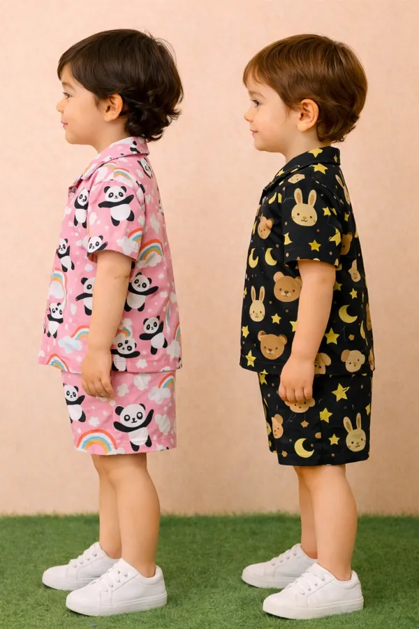 Pack_of_2_Black_And_Pink_Cotton_Shirt_And_Shorts_Co-ord_Set_For_Kids
