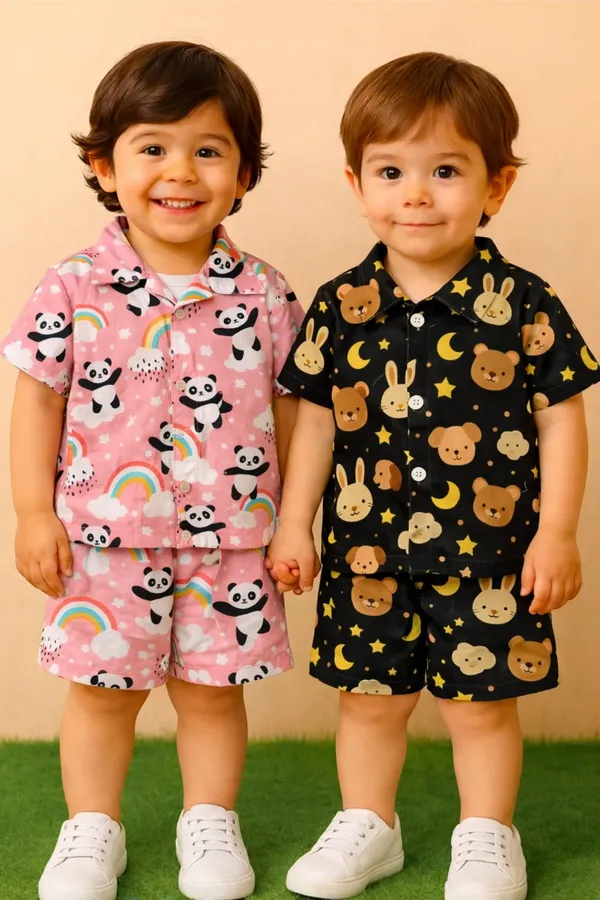 Pack_of_2_Black_And_Pink_Cotton_Shirt_And_Shorts_Co-ord_Set_For_Kids