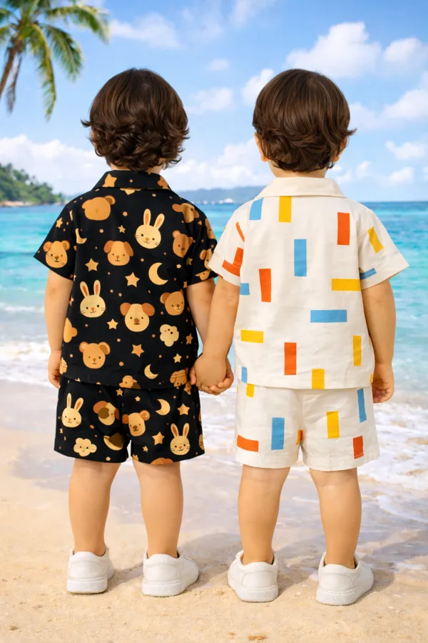 Pack_Of_2_Black_And_Cream_Stylish_Shirt_And_Shorts_Co-Ord_Set_For_Kids
