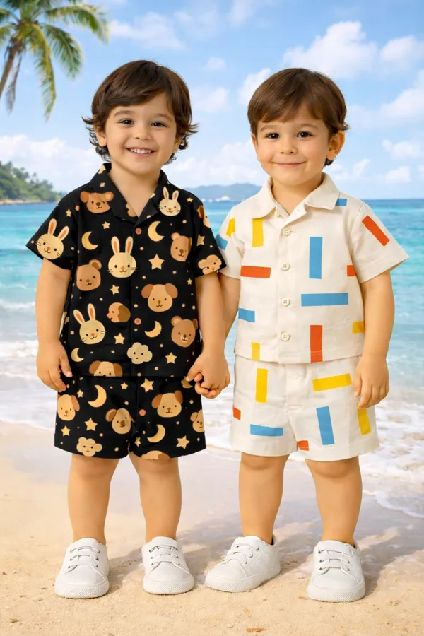 Pack_Of_2_Black_And_Cream_Stylish_Shirt_And_Shorts_Co-Ord_Set_For_Kids