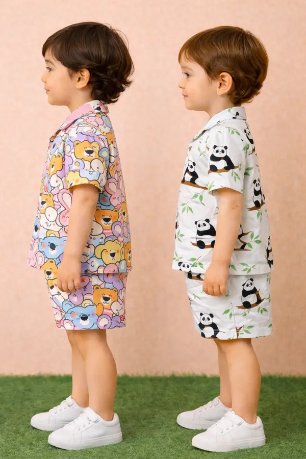Pack_Of_2_Cream_And_White_Casual_Wear_Cotton_Shirt_And_Shorts_Co-ord_Set_For_Kids