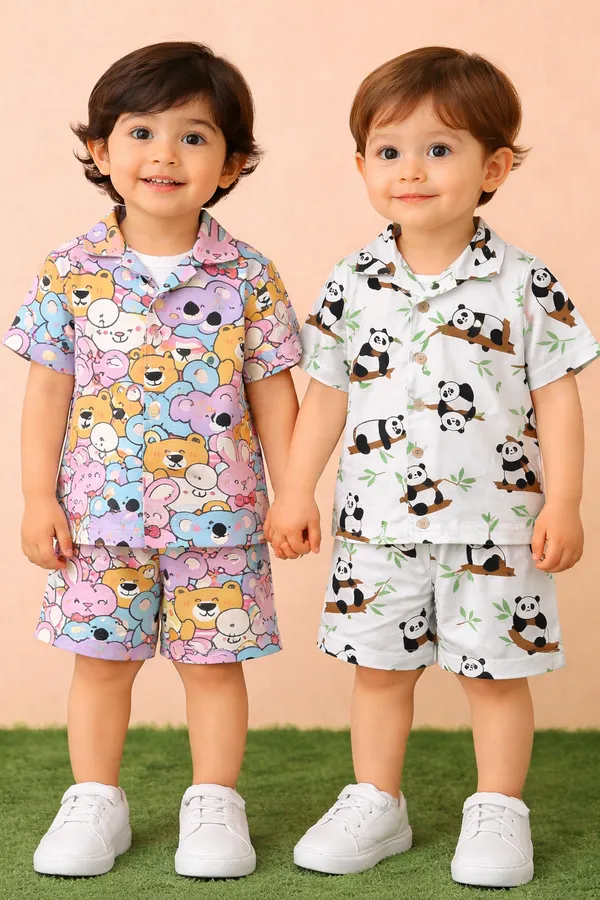 Pack_Of_2_Cream_And_White_Casual_Wear_Cotton_Shirt_And_Shorts_Co-ord_Set_For_Kids