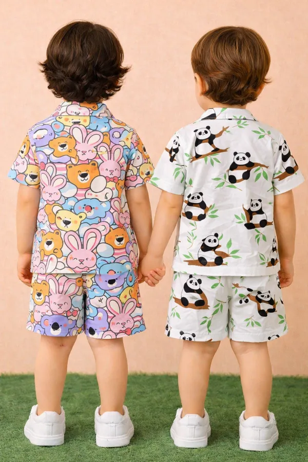Pack_Of_2_Cream_And_White_Casual_Wear_Cotton_Shirt_And_Shorts_Co-ord_Set_For_Kids
