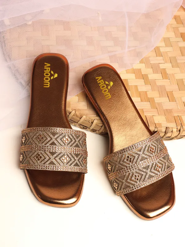 Copper_Stylish_Embellished_Ethnic_Flats_Sandal_With_Textured_Strap_And_Comfortable_Slip_On_Design_For_Women