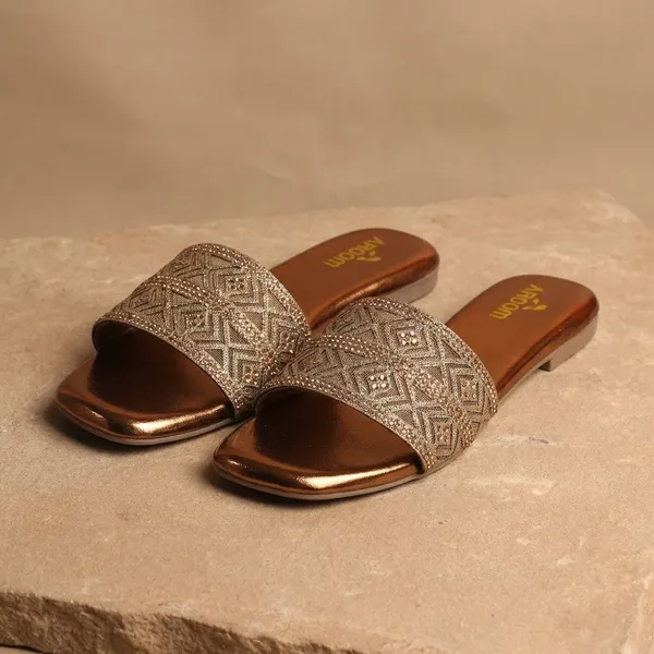 Copper_Stylish_Embellished_Ethnic_Flats_Sandal_With_Textured_Strap_And_Comfortable_Slip_On_Design_For_Women