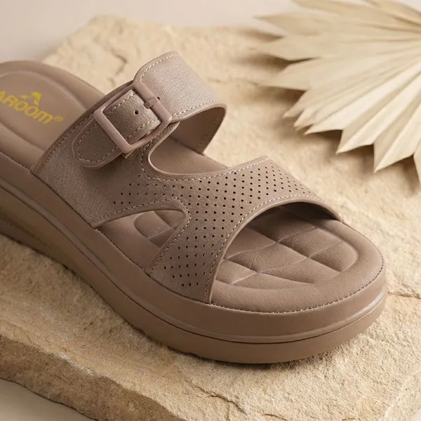 Beige_Slide_Women_Sandals_With_Perforated_Upper_And_Buckle_Detail_For_All_Day_Comfort