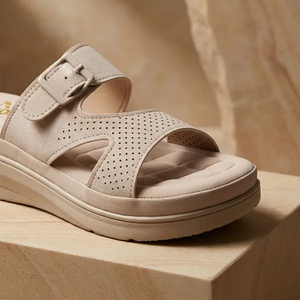 Cream_Slide_Women_Sandals_With_Perforated_Upper_And_Buckle_Detail_For_All_Day_Comfort