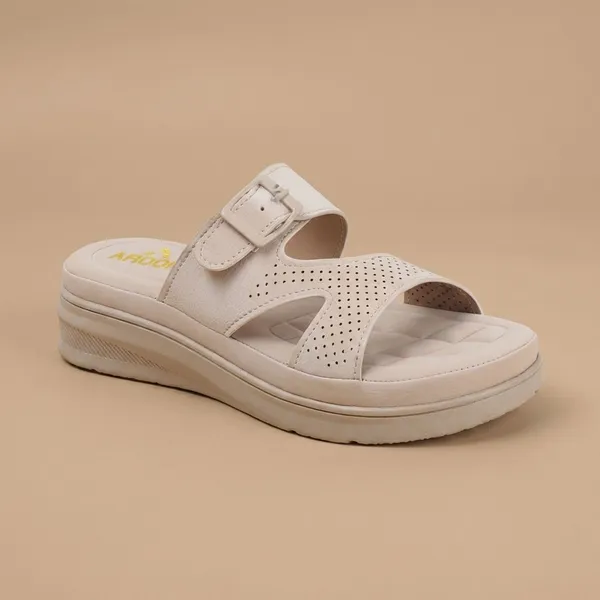 Cream_Slide_Women_Sandals_With_Perforated_Upper_And_Buckle_Detail_For_All_Day_Comfort