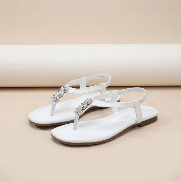 White_Trendy_Flat_Sandals_With_Crystal_Embellished_Strap_For_Womenelegant_Everyday_Comfort_Footwear