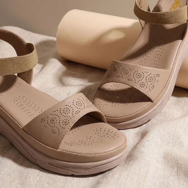 Beige_Trendy_Wedge_Sandals_For_Women_With_Perforated_Design_And_Elastic_Strap_Comfort_Fit