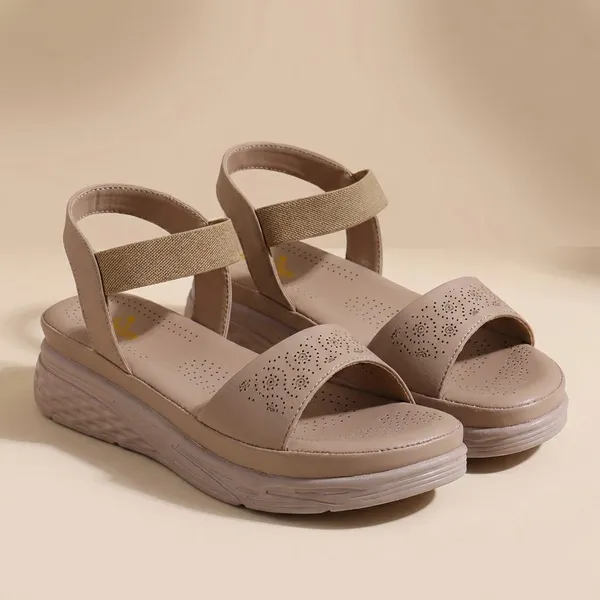 Beige_Trendy_Wedge_Sandals_For_Women_With_Perforated_Design_And_Elastic_Strap_Comfort_Fit