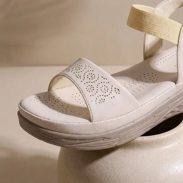 Cream_Trendy_Wedge_Sandals_For_Women_With_Perforated_Design_And_Elastic_Strap_Comfort_Fit