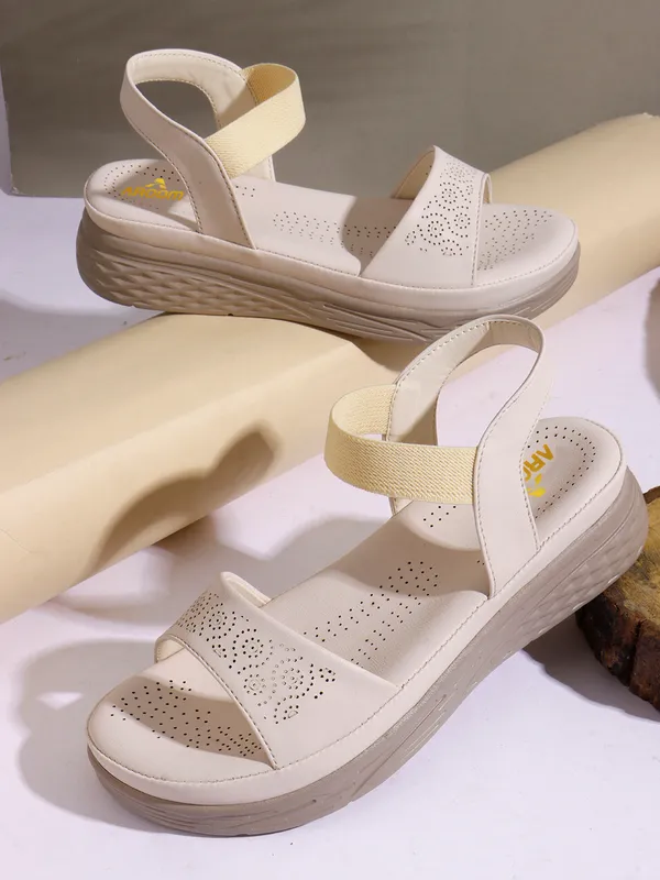 Cream_Trendy_Wedge_Sandals_For_Women_With_Perforated_Design_And_Elastic_Strap_Comfort_Fit