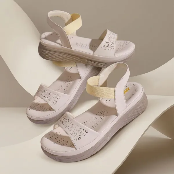Cream_Trendy_Wedge_Sandals_For_Women_With_Perforated_Design_And_Elastic_Strap_Comfort_Fit