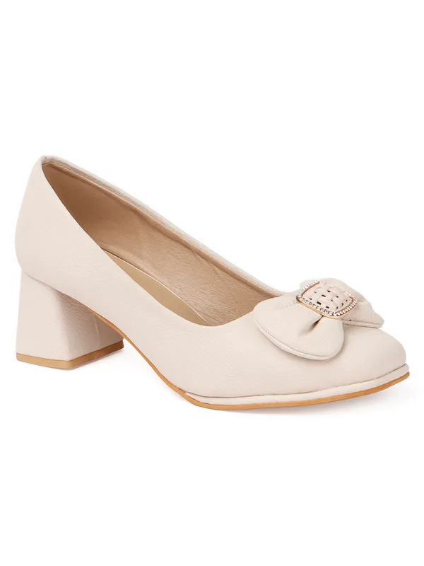 Cream_Elegant_Black_Party_Block_Heels_For_Women_With_Bow_And_Buckle_Detail